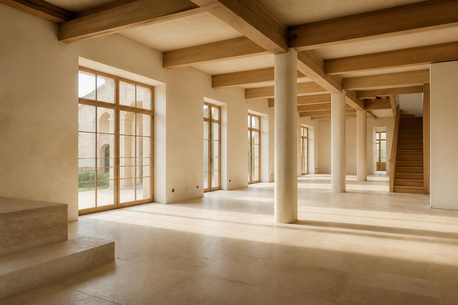 Empty premium apartment shell with large windows and raw surfaces