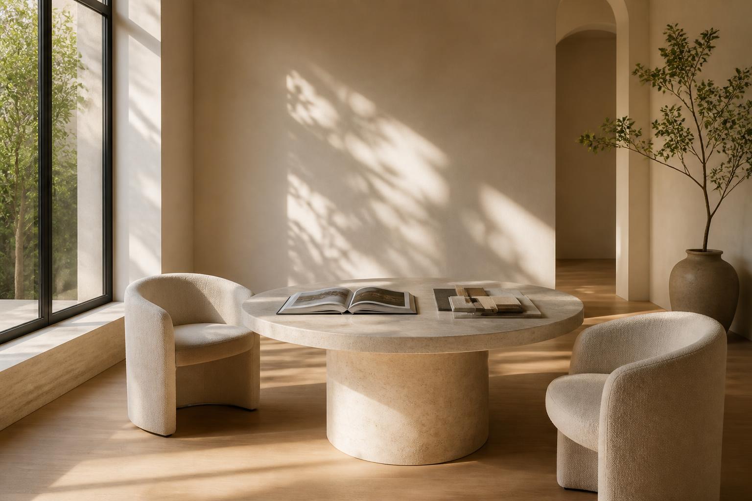 Minimal room with a single linen chair beside a tall curtained window