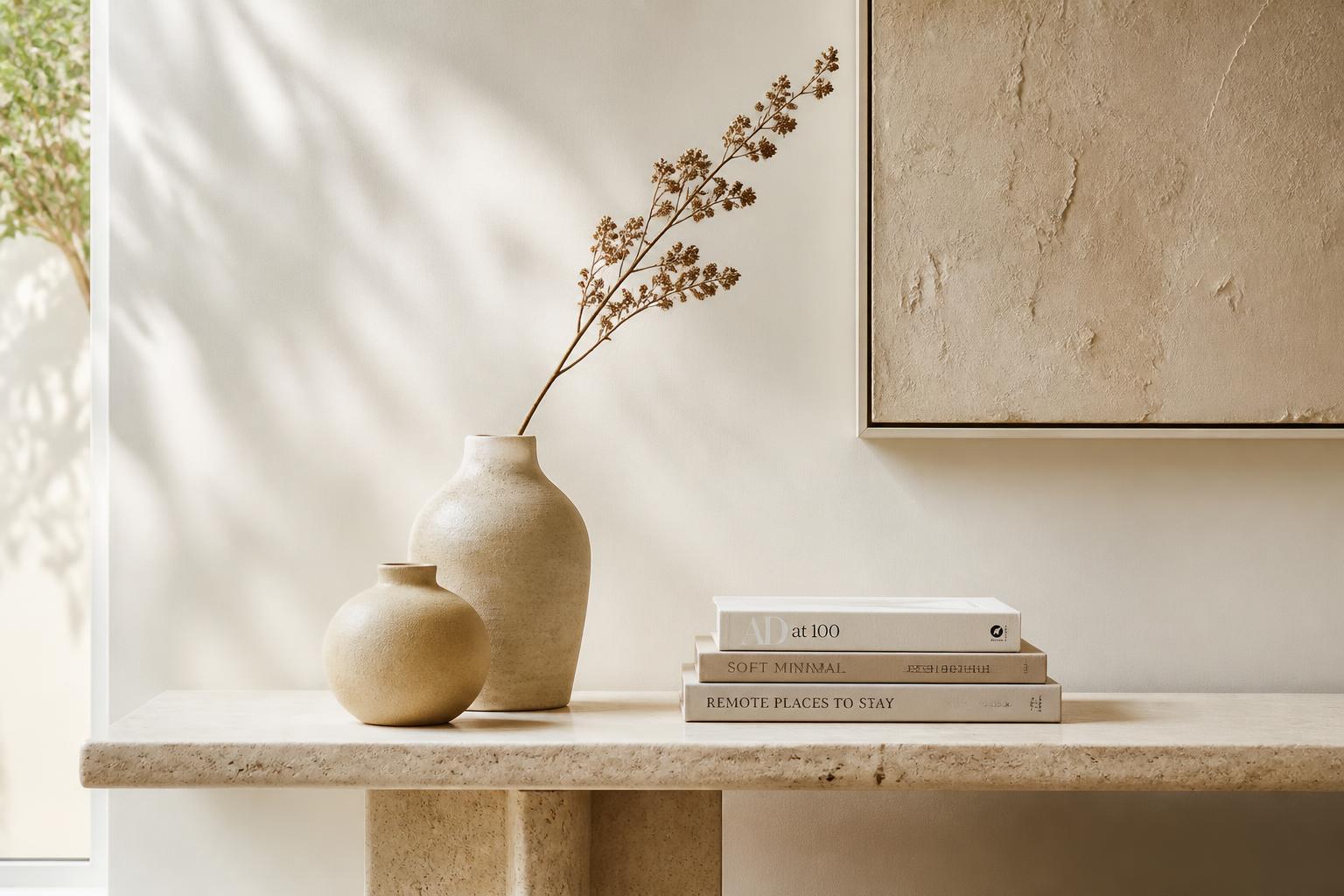 Material palette of travertine, oak and linen on a warm ivory surface
