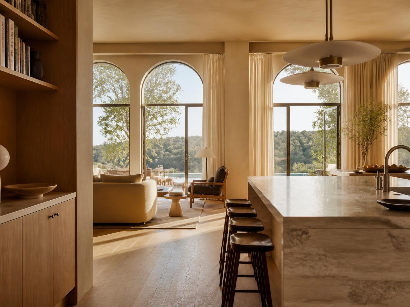 Newly built minimal interior with oak joinery and stone island