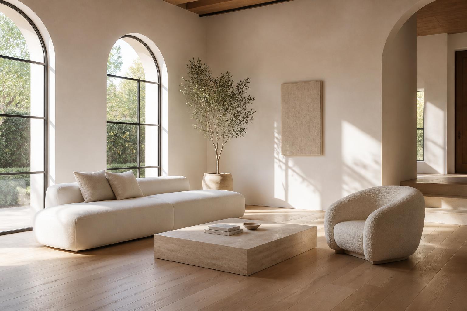 Arched interior corridor in travertine with layered daylight
